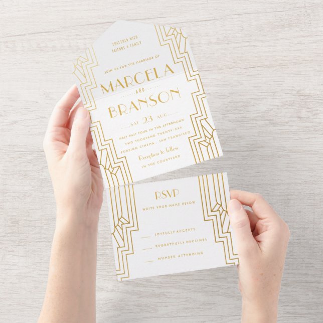 Invitation Tout En Un Mariage Gold Art déco (Déchirure)