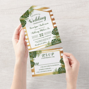 Invitation Tout En Un Mariage Gold Foil & Green Palm Leaf Beach