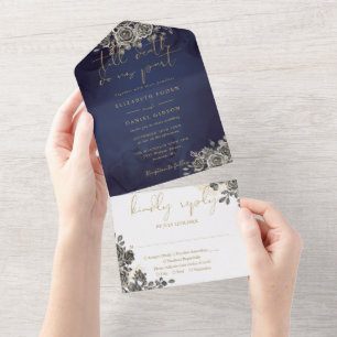 Invitation Tout En Un Mariage gothique à l'écriture dorée avec roses noi
