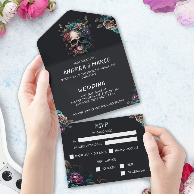 Invitation Tout En Un Mariage gothique du tatouage au crâne (Skull Wedding Invitation With Rsvp Card)