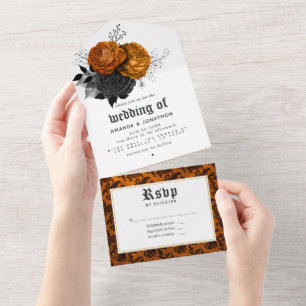 Invitation Tout En Un Mariage gothique floral noir et orange vintage