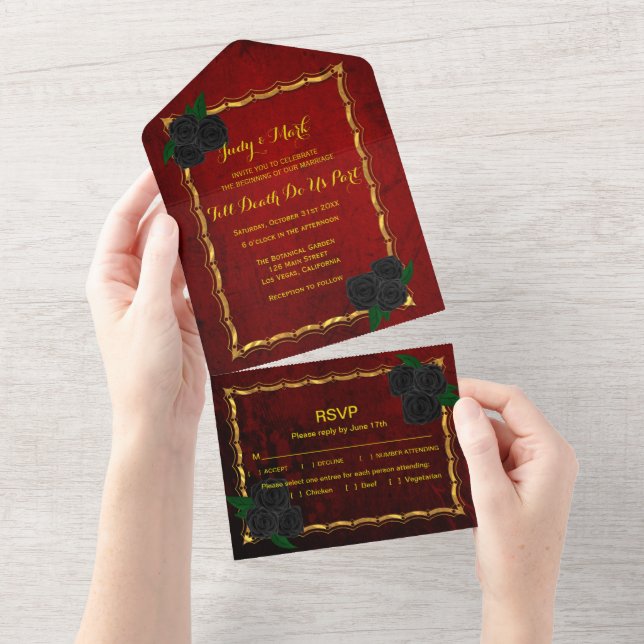 Invitation Tout En Un Mariage gothique noir Rose sang rouge (Déchirure)
