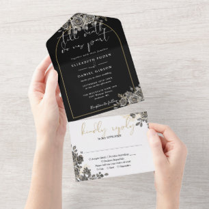 Invitation Tout En Un Mariage gothique or arc roses noires florales