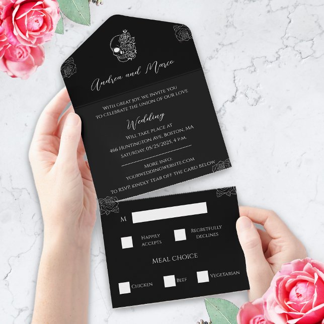 Invitation Tout En Un Mariage gothique triplé noir et blanc (Black and white tattoo gothic wedding invitation tri fold)