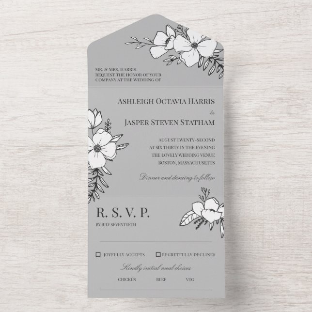 Invitation Tout En Un Mariage Gris et blanc de jolies fleurs (À l'intérieur)