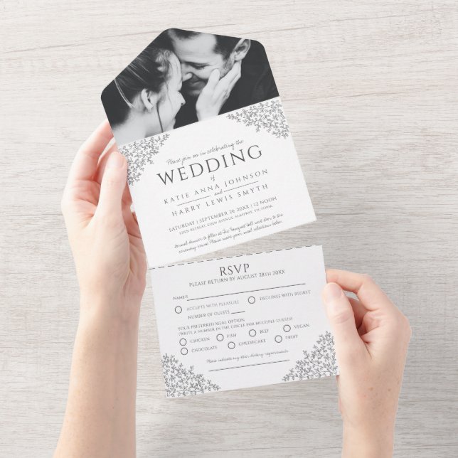 Invitation Tout En Un Mariage gris foncé blanc feuille photo repas RSVP (Déchirure)