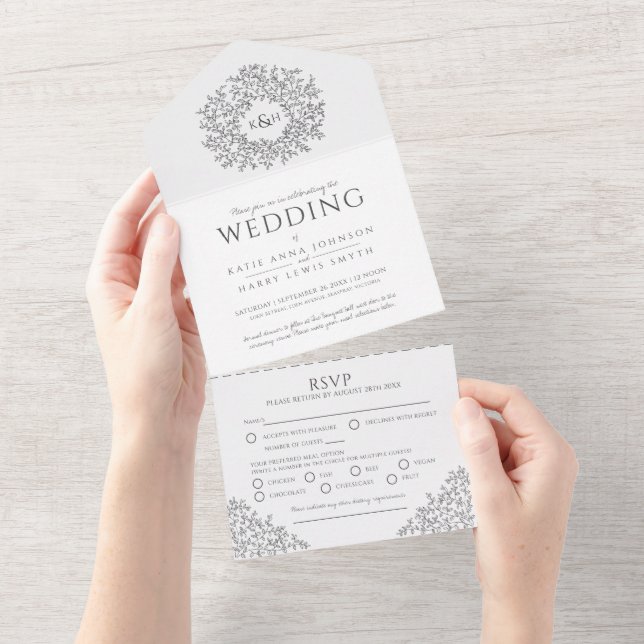 Invitation Tout En Un Mariage gris foncé blanc monogramme feuilles (Déchirure)