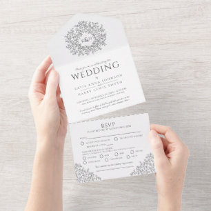 Invitation Tout En Un Mariage gris foncé blanc monogramme feuilles