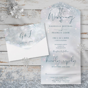 Invitation Tout En Un Mariage hivernal élégant script neige