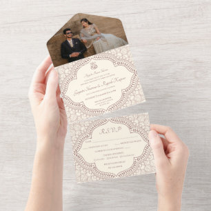 Invitation Tout En Un Mariage indien hindou traditionnel beige Mehndi