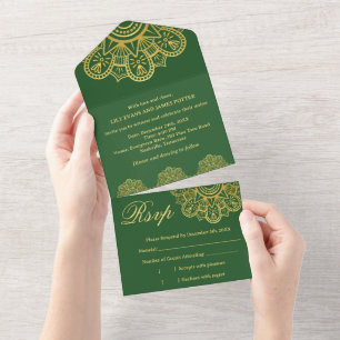 Invitation Tout En Un Mariage indien mandala doré et vert foncé modifiab