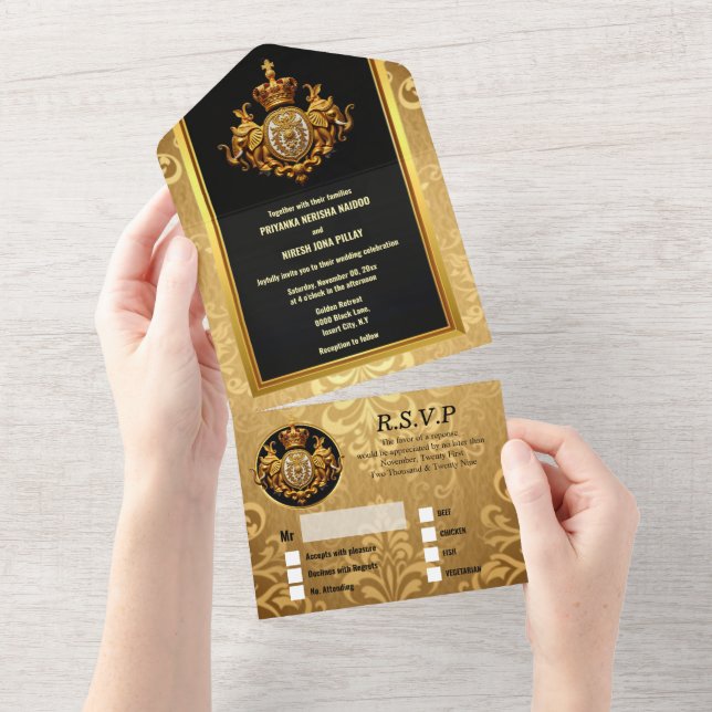 Invitation Tout En Un Mariage indien noir or damassé éléphants luxe (Déchirure)