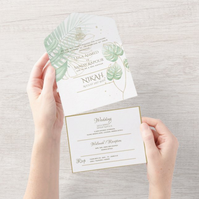 Invitation Tout En Un Mariage islamique NIKAH WALLIMAH Feuilles tropicau (Déchirure)