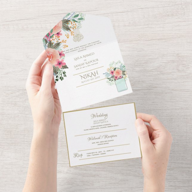 Invitation Tout En Un Mariage islamique NIKAH WALLIMAH Gold Floral tout  (Déchirure)