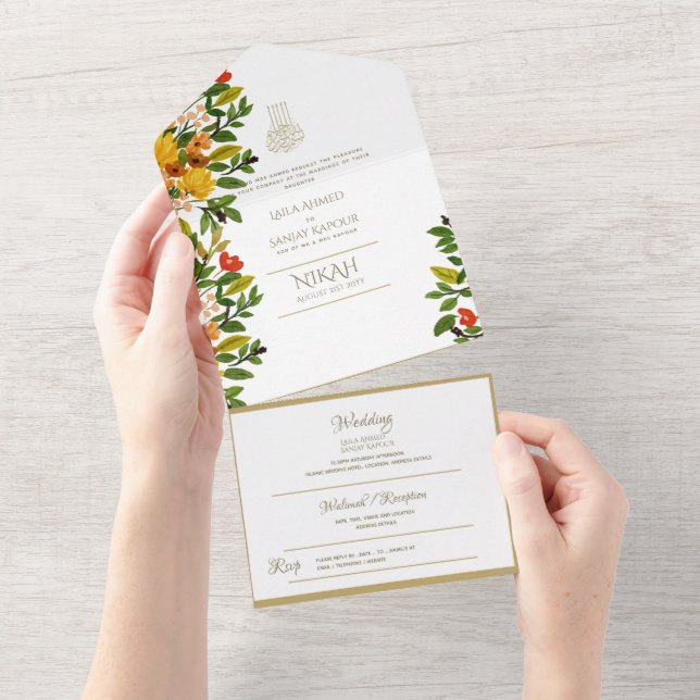 Invitation Tout En Un Mariage islamique NIKAH WALLIMAH Gold Floral tout  (Déchirure)