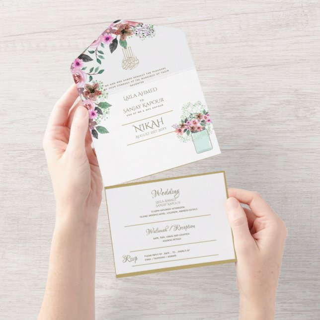 Invitation Tout En Un Mariage islamique NIKAH WALLIMAH Gold Floral tout  (Déchirure)