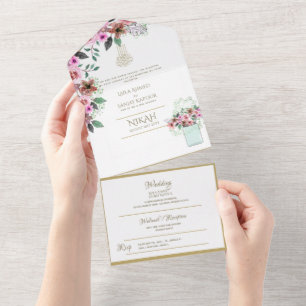 Invitation Tout En Un Mariage islamique NIKAH WALLIMAH Gold Floral tout