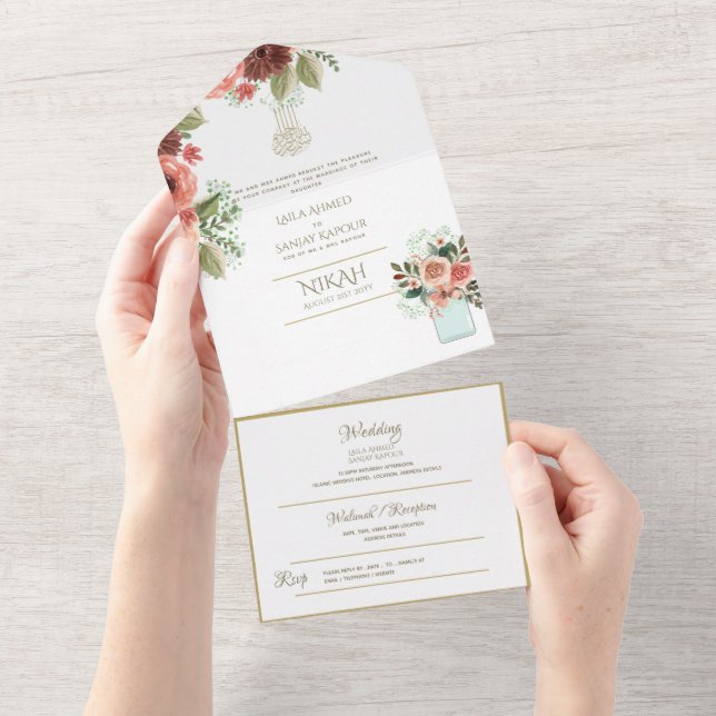 Invitation Tout En Un Mariage islamique NIKAH WALLIMAH Gold Floral tout  (Déchirure)