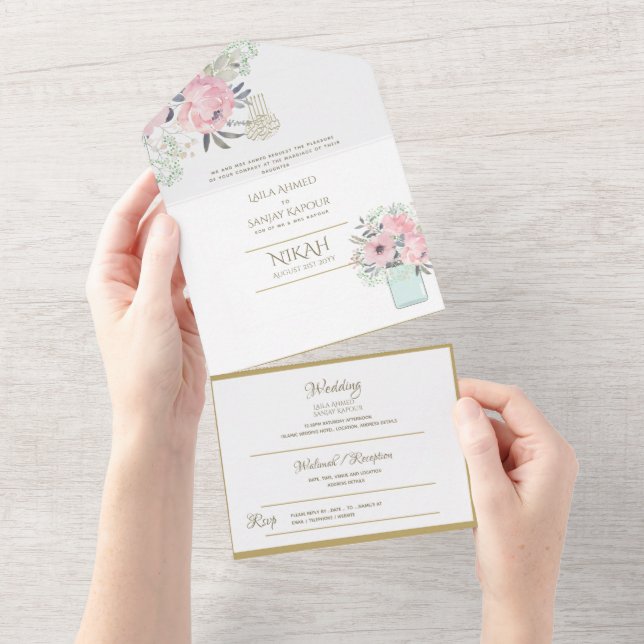 Invitation Tout En Un Mariage islamique NIKAH WALLIMAH Gold Floral tout  (Déchirure)