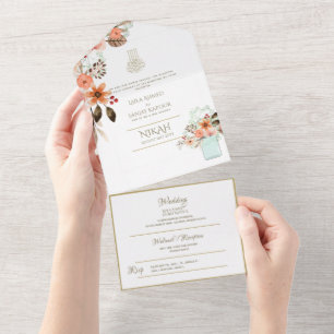 Invitation Tout En Un Mariage islamique NIKAH WALLIMAH Gold Floral tout