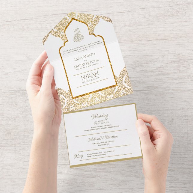 Invitation Tout En Un Mariage islamique NIKAH WALLIMAH Gold Ornate (Déchirure)