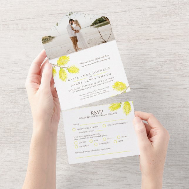 Invitation Tout En Un Mariage jaune saule chateau aquarelle et photo (Déchirure)