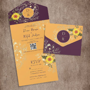 Invitation Tout En Un Mariage Jaune Tournesol et Violet