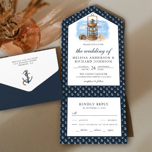 Invitation Tout En Un Mariage Lanterne Nautique Rustique Bleu Nuit