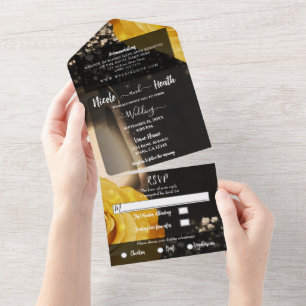 Invitation Tout En Un Mariage Lanterne Rustique & Roses Jaunes + RSVP