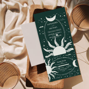 Invitation Tout En Un Mariage Lune Soleil Argent Mystique et Vert