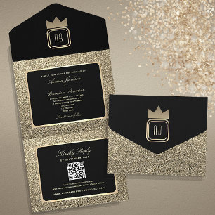 Invitation Tout En Un Mariage Luxe Paillettes d'Or et Noir