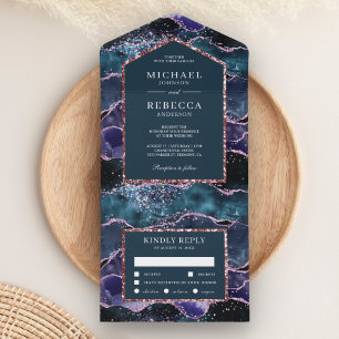 Invitation Tout En Un Mariage Marbre Agate Pailleté Bleu Océan Violet