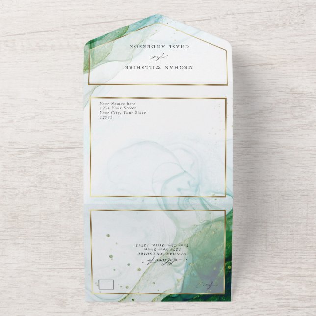 Invitation Tout En Un Mariage Marbre Kelly Vert Turquoise Encre Alcooliq (Dehors)