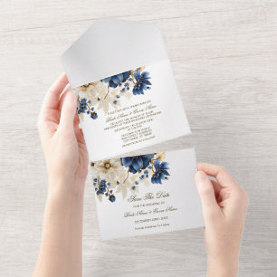 Invitation Tout En Un Mariage Marine Bleu Blanc Or Floral Argent