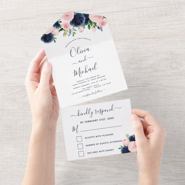 Invitation Tout En Un Mariage Marine bleu bleu rose floral RSVP (Déchirure)