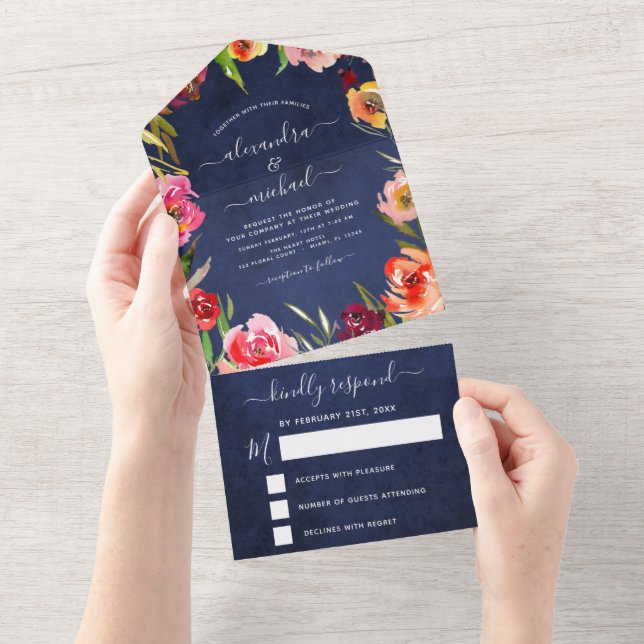 Invitation Tout En Un Mariage Marine Bleu Floral Elegant Aquarelle RSVP (Déchirure)