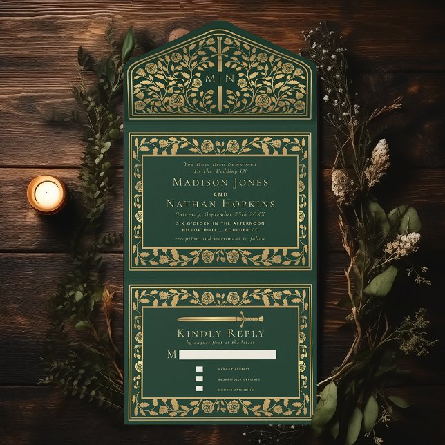 Invitation Tout En Un Mariage médiéval royal vert (Créateur téléchargé)