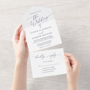 Invitation Tout En Un Mariage minimaliste bleu et blanc de la marine