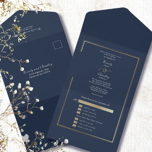 Invitation Tout En Un Mariage Minimaliste Cadre Doré Fond Bleu Marine 