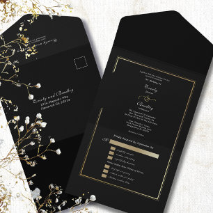 Invitation Tout En Un Mariage Minimaliste Cadre Doré Fond Noir