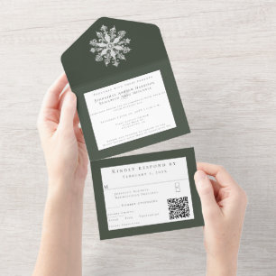 Invitation Tout En Un Mariage minimaliste de flocon de neige   Green