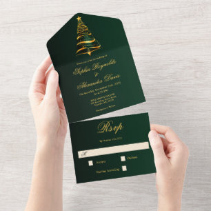 Invitation Tout En Un Mariage minimaliste élégant d'arbre de Noël doré