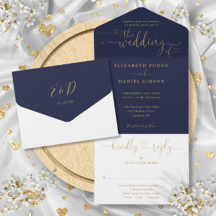 Invitation Tout En Un Mariage minimaliste Marine Et Gold Script Hearts