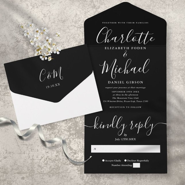 Invitation Tout En Un Mariage Minimaliste Moderne Noir Et Blanc Script (Créateur téléchargé)