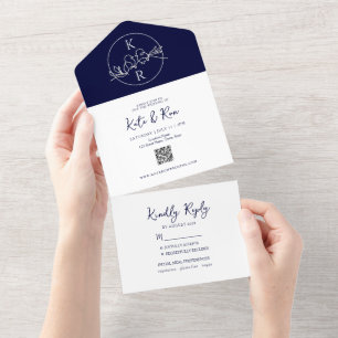 Invitation Tout En Un Mariage Minimaliste Monogramme Bleu Nuit