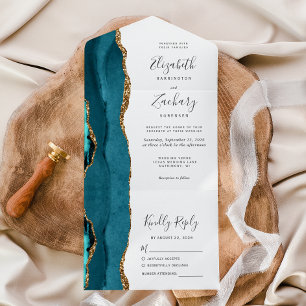 Invitation Tout En Un Mariage moderne agate bleu sarcelle or