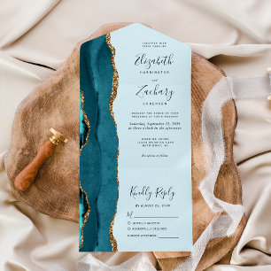 Invitation Tout En Un Mariage Moderne Agate Bleu Sarcelle Pâle Or