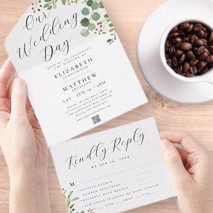 Invitation Tout En Un Mariage Moderne Aquarelle Foliage Chic QR Code