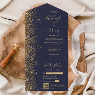 Invitation Tout En Un Mariage moderne avec code QR et paillettes bleu fo