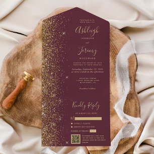 Invitation Tout En Un Mariage moderne avec code QR et paillettes bordeau